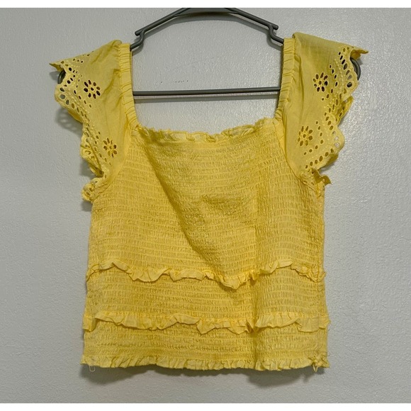 Japze Tops - Yellow Smocked Ruffle Square Neck Eyelet Flutter Sleeve Crop Top Women's M